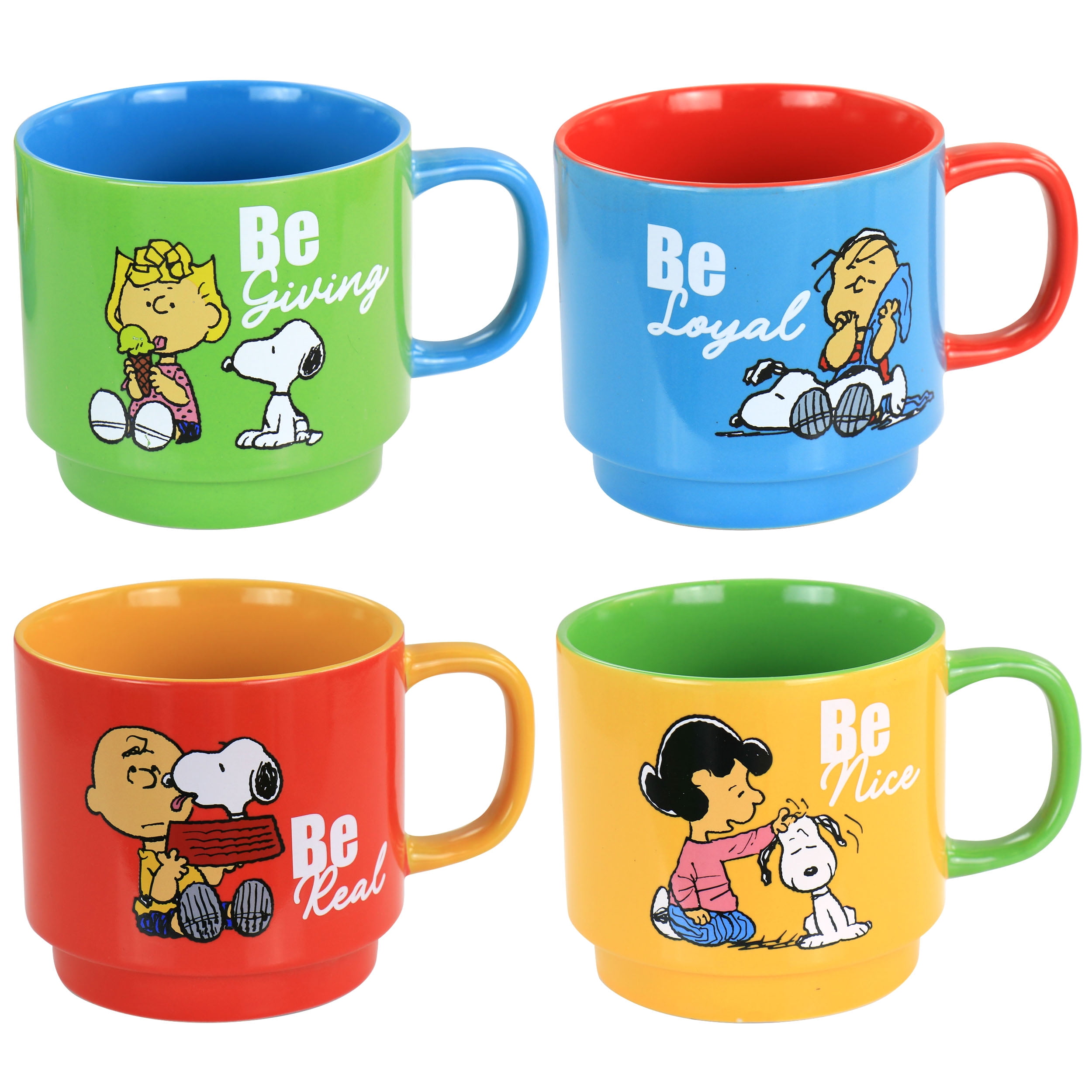 Gibson 134061.05 Peanuts Classic Gentle Reminders Collection Sto are Stackable Mug Set with Metal Stand, Assorted Color - 4 Piece