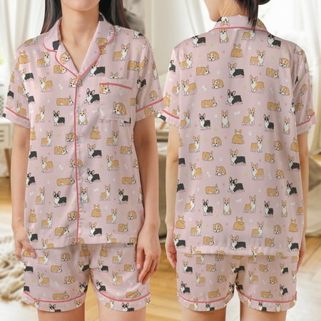 Lotusprinthandmade Corgi Lovers All-over Print Satin Short-Sleeve Pajamas Set (3XL) corgi themed pajamas outfit