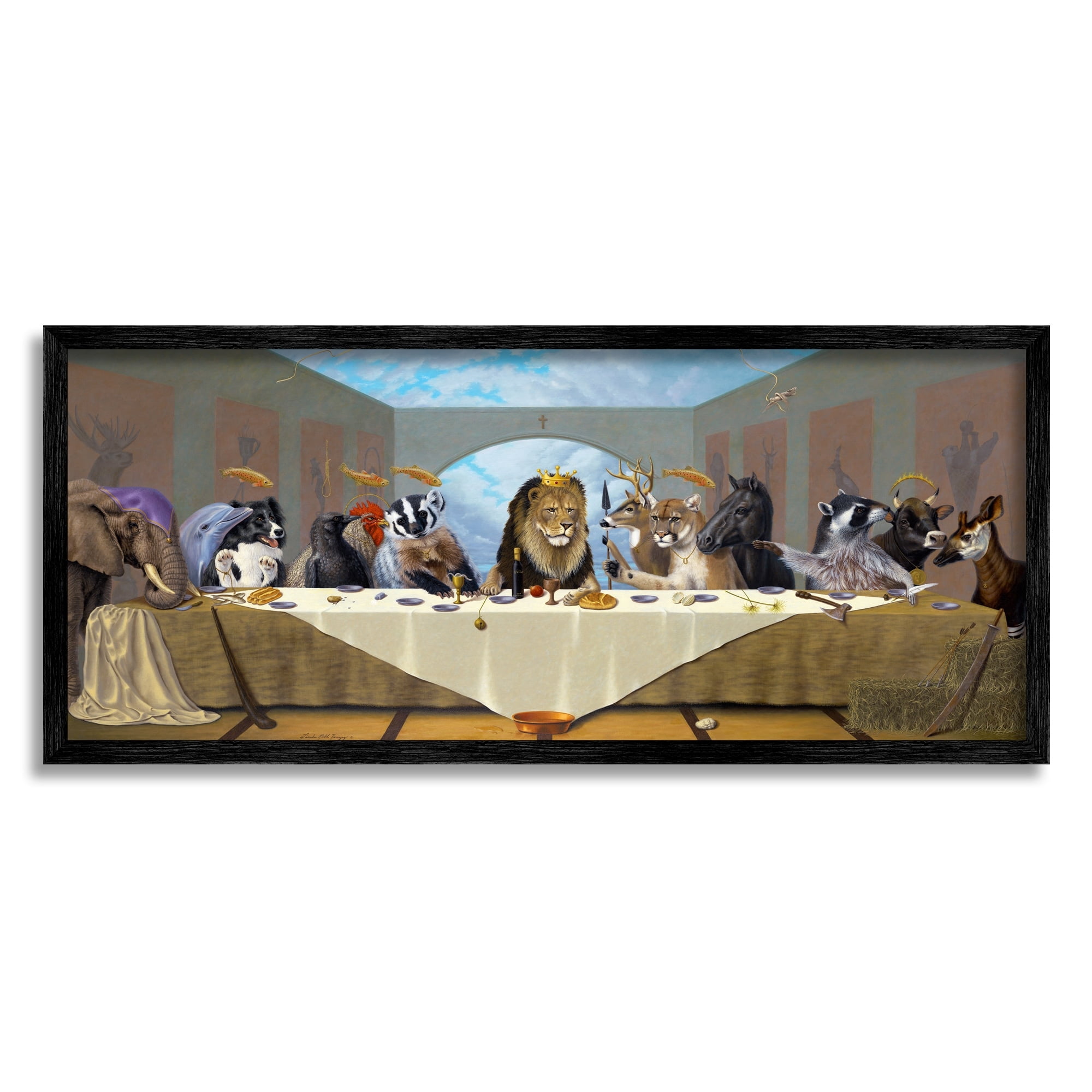 Stupell Industries Last Supper Safari Animal Version King Lion Animals & Insects Painting Gray Framed Art Print Wall Art, 13 x 30