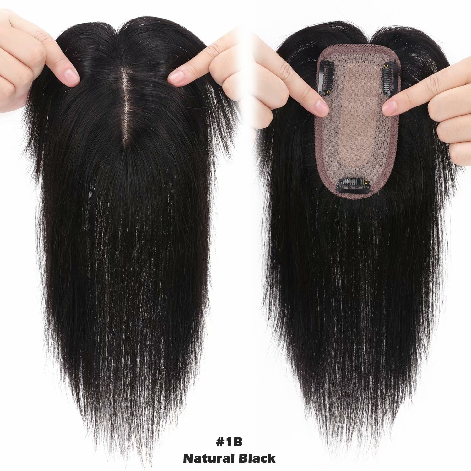 Benehair 100% Real Remy Human Hair Extensions Clip In Hairpiece Topper Toupee with Bang Fringe Women Hair Loss Silk Base Black