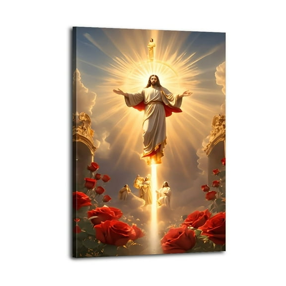 Jesus Ascension Scene Poster Wrapped Wooden Frame Wall Decor,,Canvas Wall Art for Living Room,Bedroom,Office,Ready to Hang