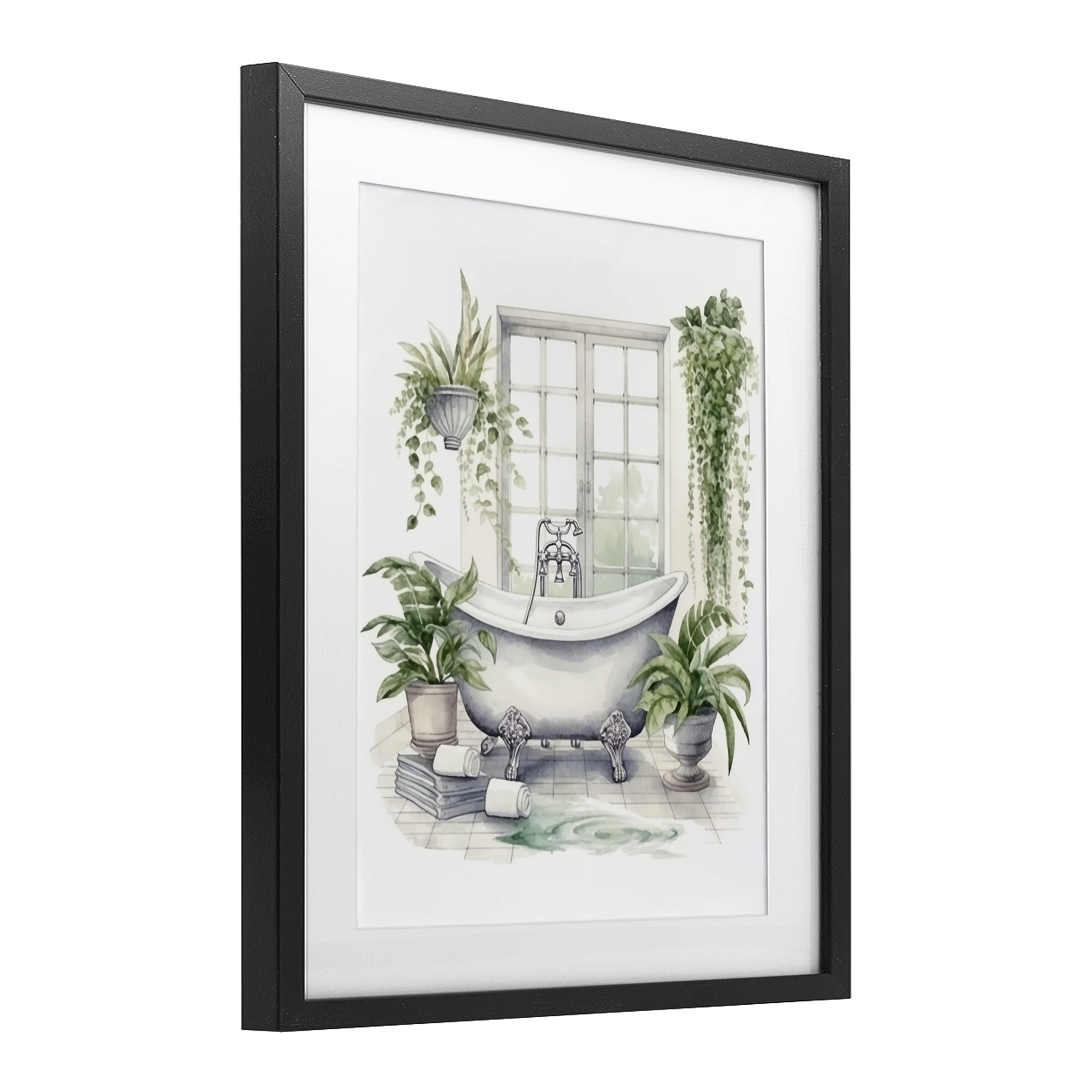 Lush Greenery Bathtub & Window Black Framed Print Under Glass, design by Lettered and Lined