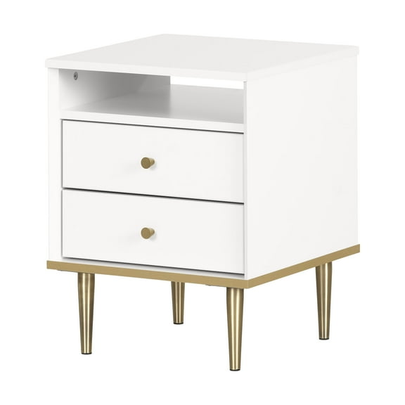 South Shore Dylane, Mid-century Glam 2-Drawer Nightstand, Pure White