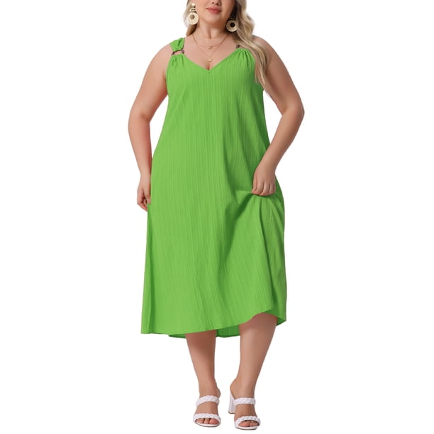 Vestido de verano sin mangas de talla grande para mujer Agnes Orinda, vestido maxi casual de tirantes en verde hierba 3X