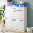 thumbnail image 2 of EUROCO 35" Shoe Rack Slim Entryway Organizer with 2 Flip Drawers,Shoe Storage Cabinet with Drawer and Tempered Glass Top,Free Standing Shoe Rack with LED Light for Hallway, White, 2 of 7