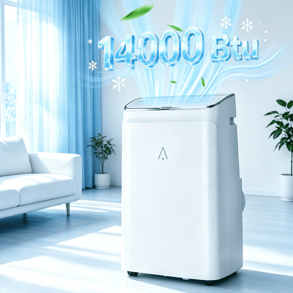 Accreate 14000 Btu Portable Air Conditioner with Window Kit, Dehumidifier, Cooling, Fan, Remote Control, 450 Sq. ft, White