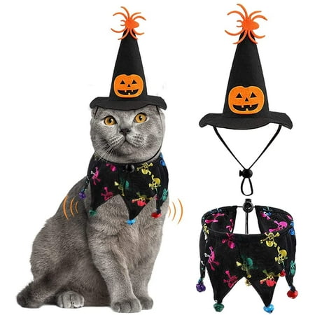 Halloween Pet Costume Set Witch Wizard Hat Cat Collar Apparels Pumpkin Spider Hat Cap Skull Bibs Fancy Outfit Funny Bandana Bell Scarf Neckerchief Dress-up Clothes for Puppy Dog Cat Halloween Party