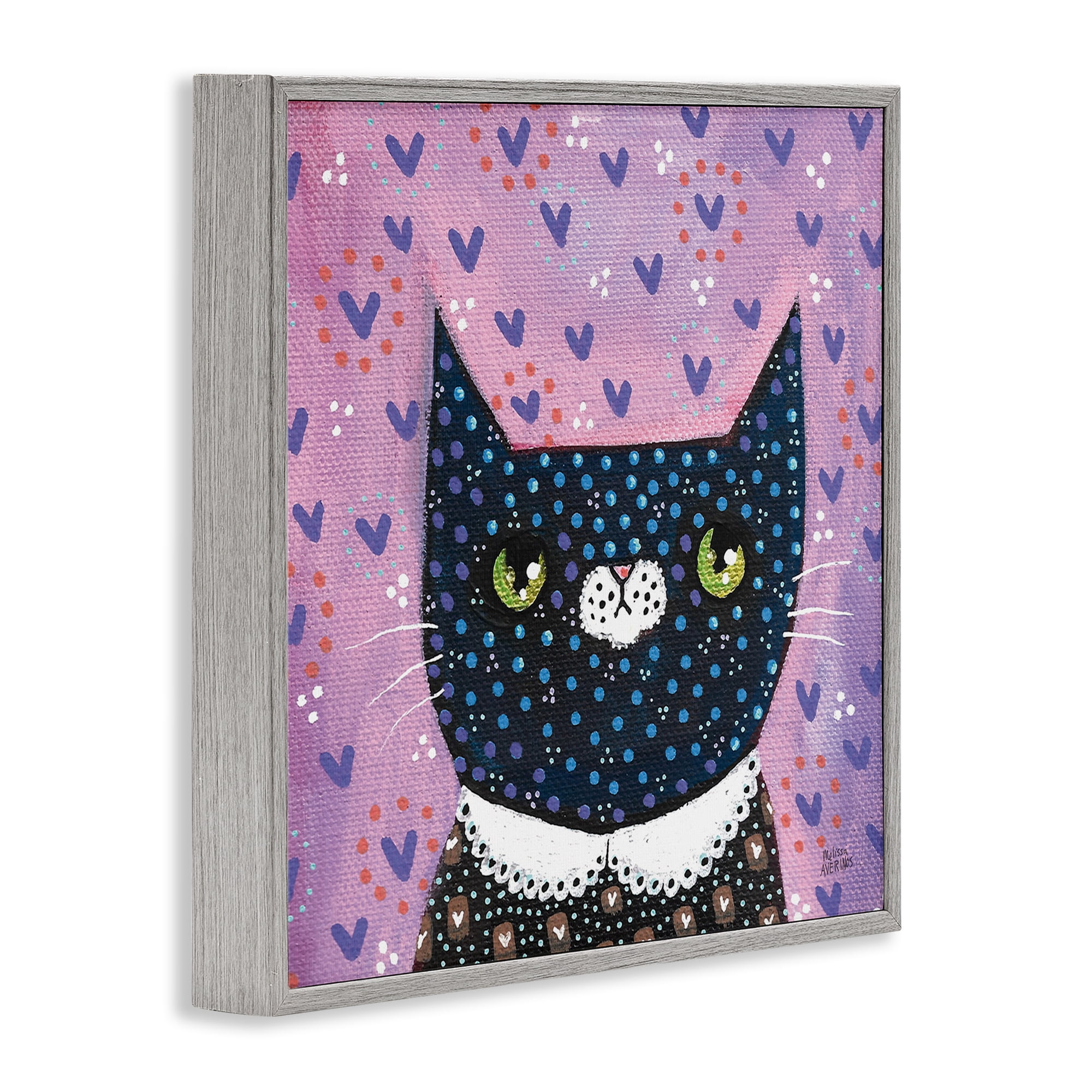 Stupell Industries Whimsical Patterned Cat Animals & Insects Painting Gray Framed Art Print Wall Art, 12 x 12