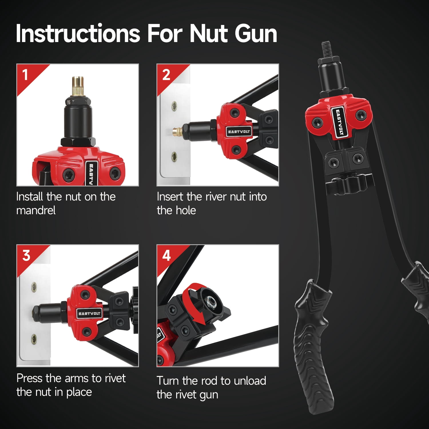 Rivet Nut Tool Kit, Eastvolt 14-Inch 3 in 1 Hand Rivet Gun with 6 Metric Mandrels M3 M4 M5 M6 M8 M10, Rivet Bolt Tool with 3 Metric Bolt Mandrels and Rugged Carrying Case