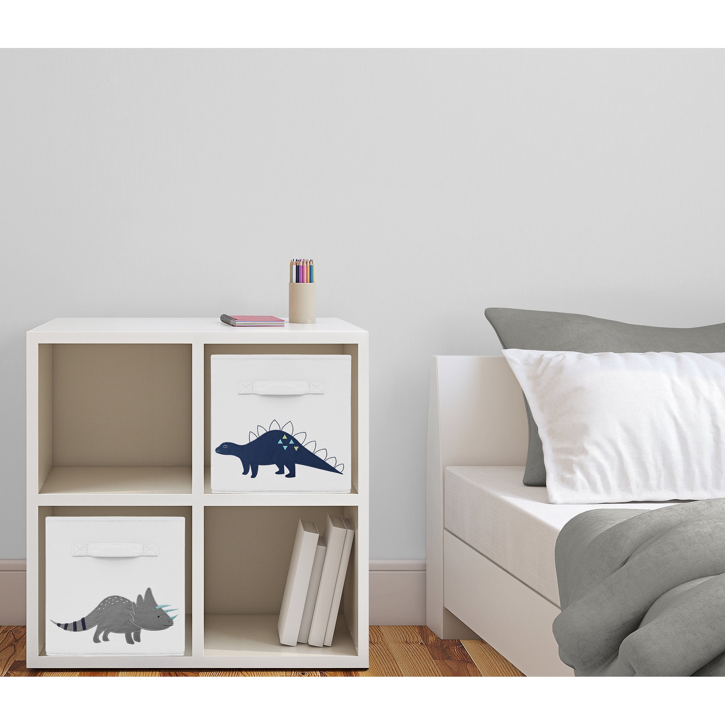 Sweet Jojo Designs  Navy Blue and Grey Modern Dino Foldable Fabric Storage Cube Bins Boxes Organizer Toys Kids Baby Childrens for Mod Dinosaur Collection - Set of 2