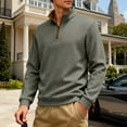 thumbnail image 6 of Kakii Men's Business Casual Quarter-Zip Sweatshirt, Olive Green Fleece-Lined Waffle Knit Top with Stand Collar, Long Sleeve Pullover, 6 of 9