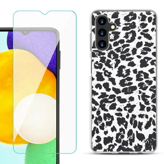 Slim-Fit TPU Fashion Phone Case for Samsung Galaxy A13 5G, with Tempered Glass Screen Protector, by OneToughShield ® - Cheetah B/W