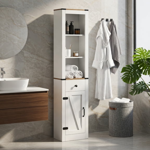 Demi Bonn 68 Inch Tall Bathroom Cabinet, Barn Door Narrow Storage, Drawer Adjustable Shelves, White & Natural