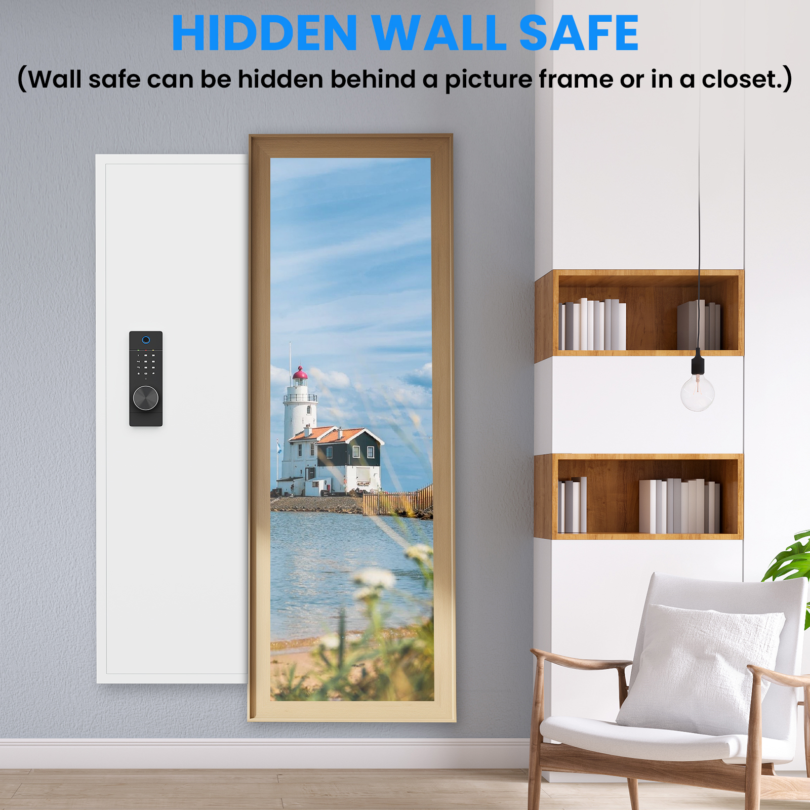 53" Fingerprint Touch Panel In-Wall Safe,Hidden Wall Gun Safe for Rifles with Adjustable Shelves,Assembled Storage Multifunctional Wall Safe for Firearm and Valuables (White-Fingerprint) 17765