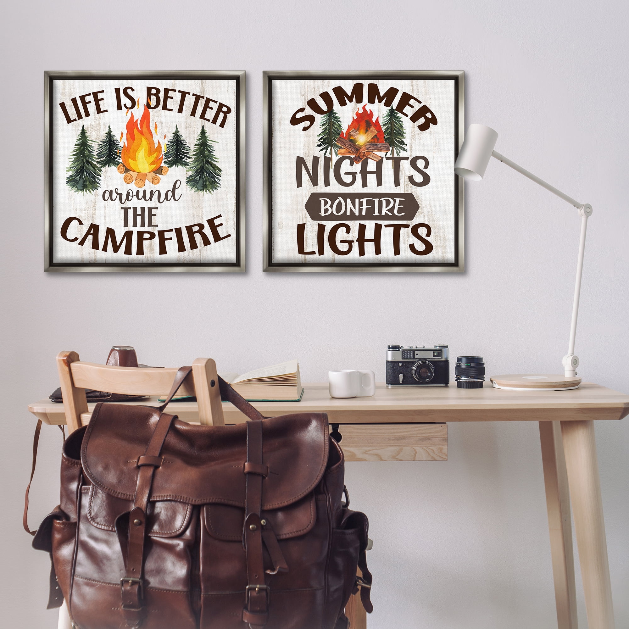 Stupell Industries Summer Nights Campfire Text & Numbers Painting Gray Floater Framed Canvas Art Print Wall Art, 25 x 25, Set of 2
