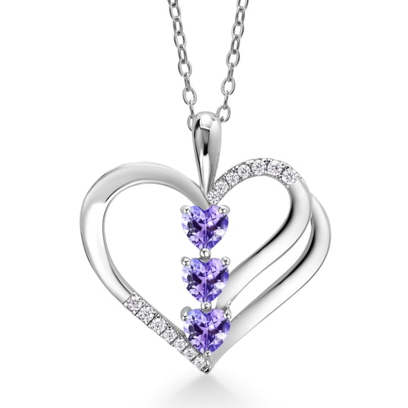 Gem Stone King 925 Sterling Silver Blue Tanzanite and White Moissanite 3-Stone Pendant Necklace for Women (0.79 Cttw, Gemstone December Birthstone, Heart Shape 4MM, with 18 inch Silver Chain)