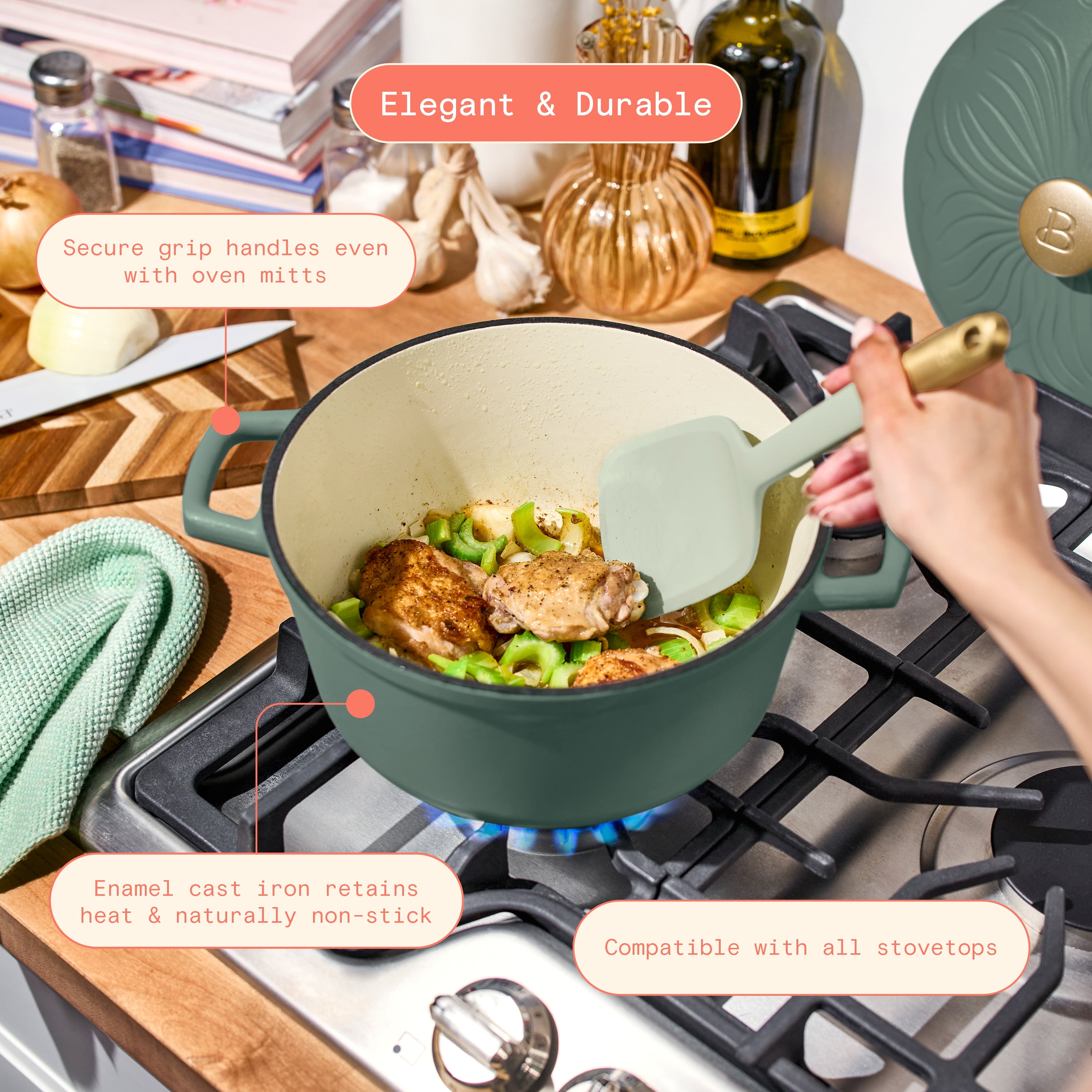 Beautiful 4 Quart Enameled Cast Iron Round Dutch Oven with Petal Design Lid, Thyme Green by Drew Barrymore