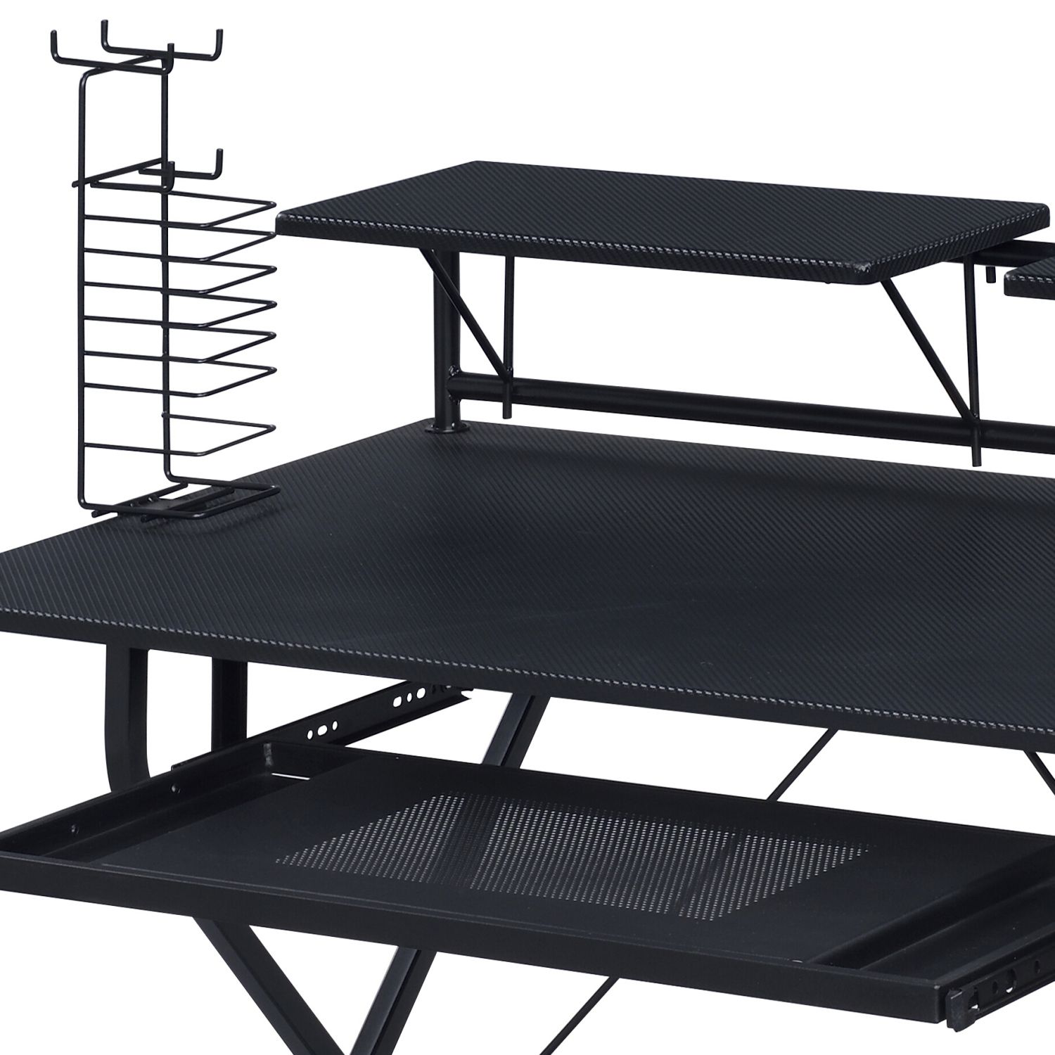 Computer Desk with Keyboard Tray, Wooden Top and Metal Frame, 47.5 in Writing Desk with Shelves, Headset Hooks and Game Rack for Gaming and Office Work
