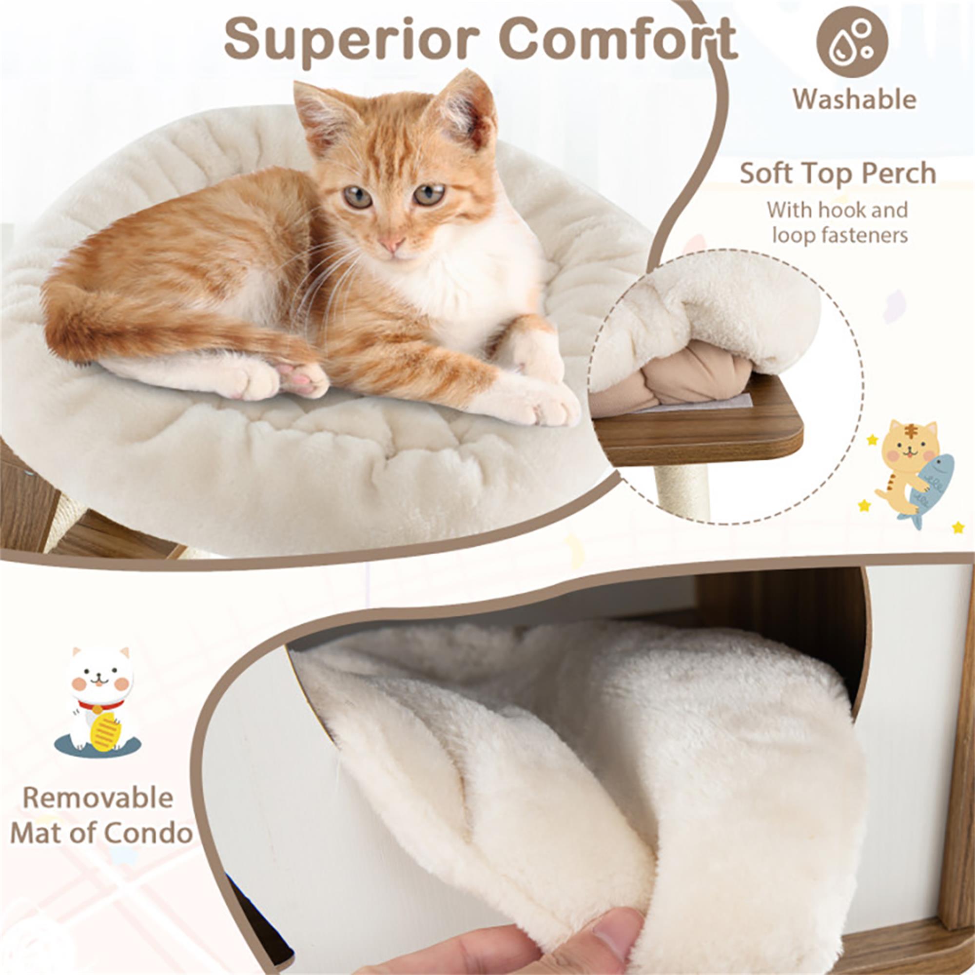 resenkos 57" Large Wooden Cat Tree Tower with Double Condos, Large Perch, Soft Hammock and Totally Wrapped Sisal Posts, Brown