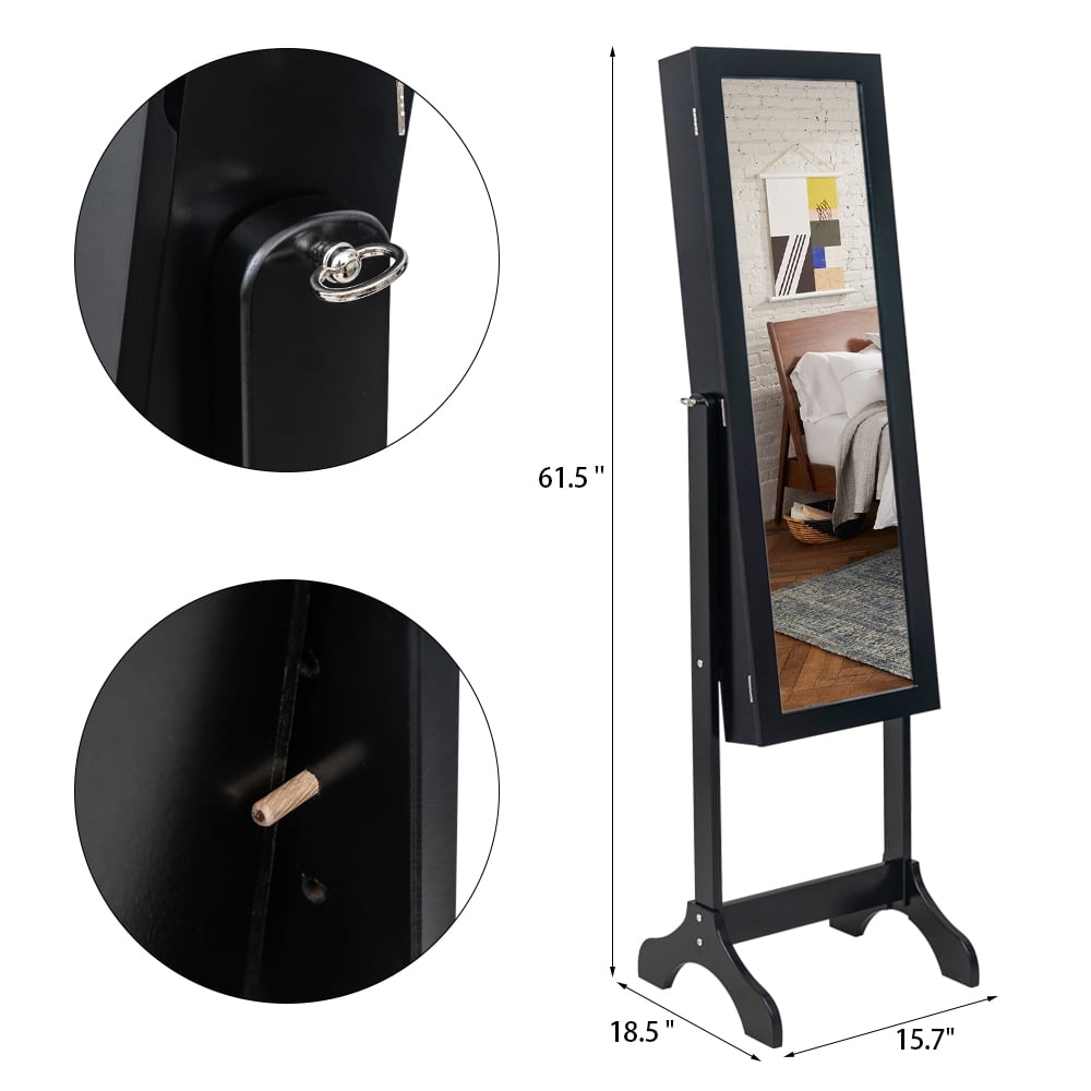 Kepooman Non Full Mirror Wooden Floor Standing 4-Layer Shelf Jewelry Storage Adjustable Mirror Cabinet, Black Kepooman Non Full Mirror Wooden Floor Standing 4-Layer Shelf Jewelry Storage Adjustable Mirror Cabinet, Black