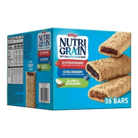 Kellogg's Nutri-Grain Whole Grain Snack Bars, Apple Cinnamon, Blueberry and Strawberry, 36 Count, 1.3 oz