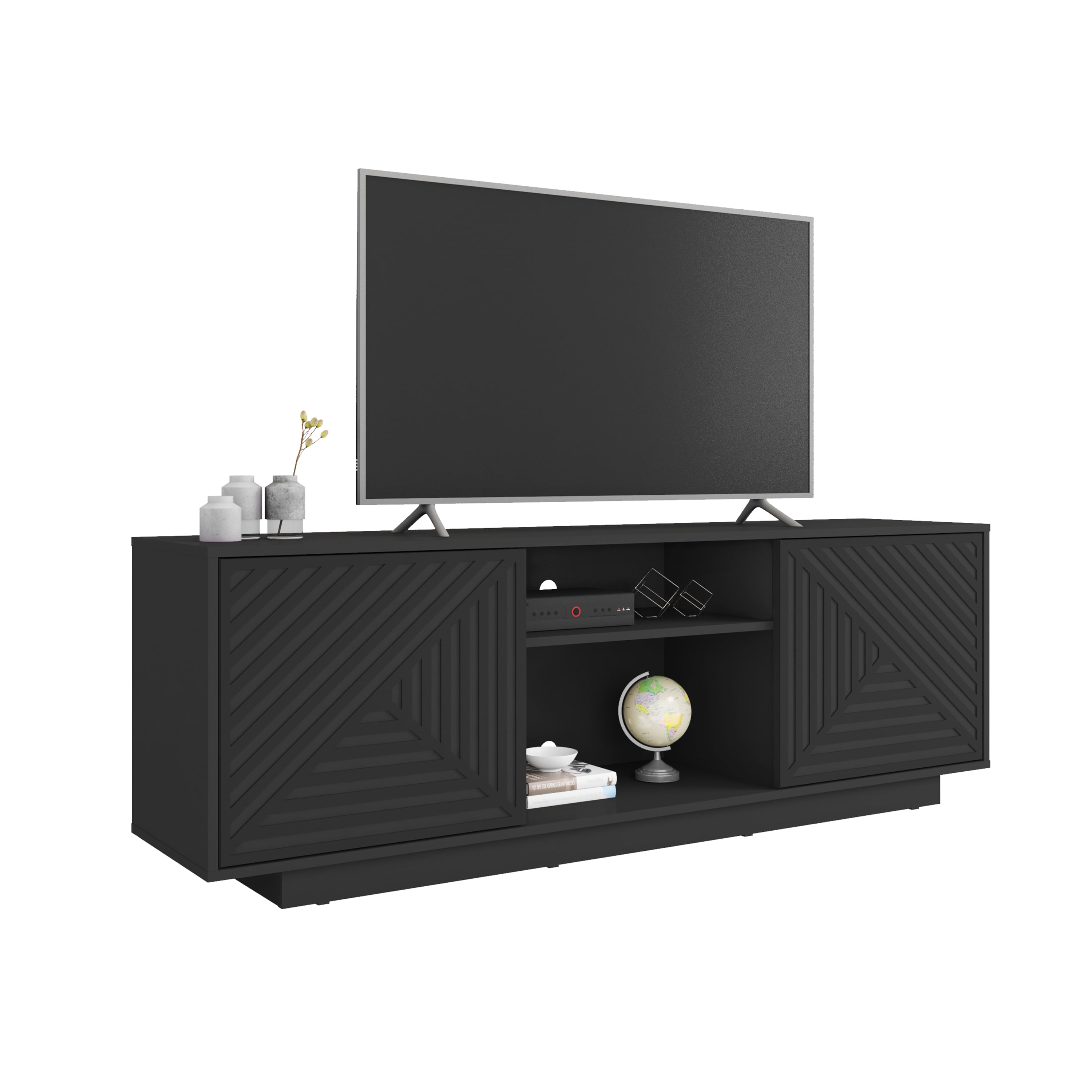 Techni Mobili Modern TV Stand for TV’s up to 70” with 2 Storage Cabinets with Patterned Doors, Black RTA-940TV-BK