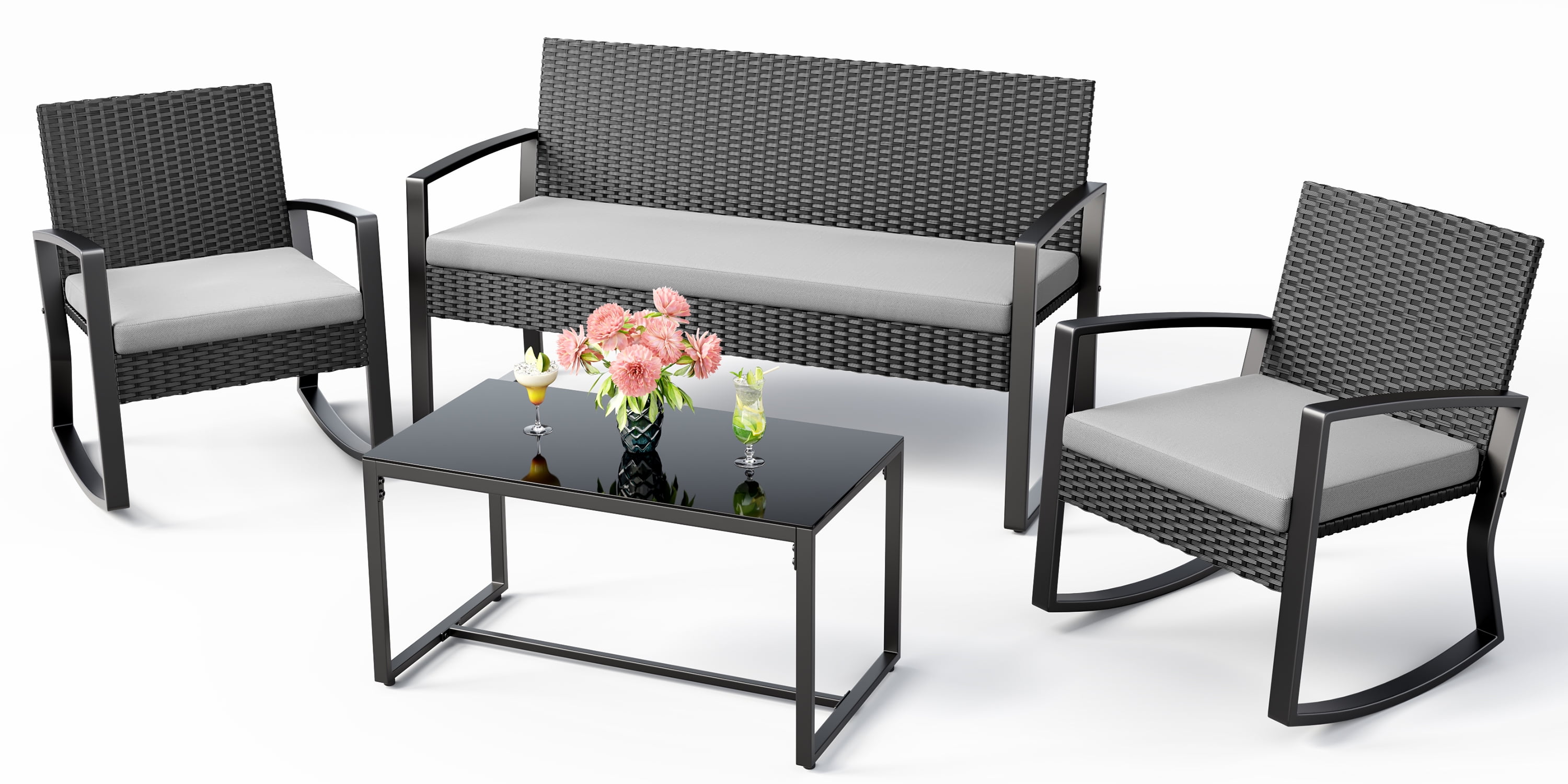 Jolifa Patio Furniture Set for 4 ,Rattan Loveseat,Glass Bistro Coffee Table,Removable Cushion for Backyard,Gray Review