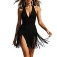 thumbnail image 2 of Karymi Maxi Dress Solid Halter Mini Dress with Long Flowing Fringe, Deep V Neck Suede-Like Bodycon Side Slit Party Date Dress Easter Dress, 2 of 9