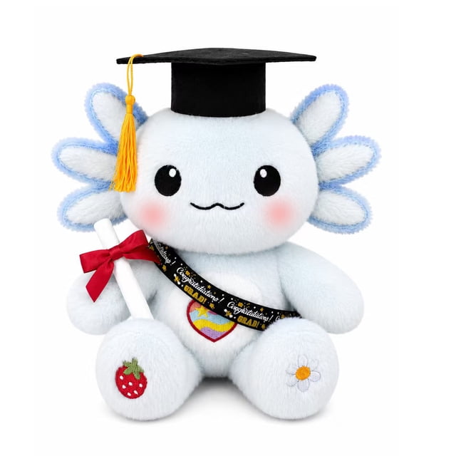 Peluche de Ajolote de Graduación 30 cm/11.8in, Muñeco Suave con Birrete, Diploma y Banda, Regalo para Graduación, Cumpleaños, Decoración y Colección