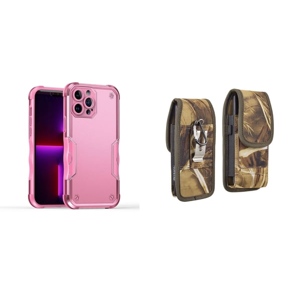 Case with Belt Holster Bundle for iPhone 14 Pro Max: Slim EX Hybrid Series Shockproof Case (Pink) and Vertical Rugged Nylon Phone Pouch (Camo)
