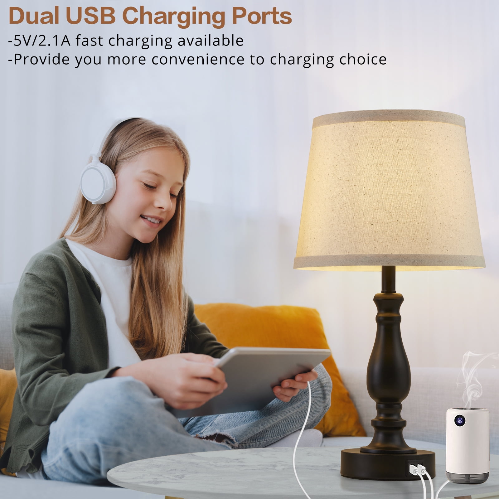 NATYSWAN Table Lamps Set of 2, Lamps for Bedroom with USB Charging Ports, 3 Way Dimmable Touch with Linen Lampshade, Modern Small Lamp for Nightstand, Living Room (Bulbs Included)