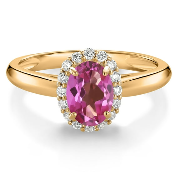 Gem Stone King 10K Yellow Gold Pink Mystic Topaz and White Lab Grown Diamond Halo Engagement Ring for Women (0.93 Cttw, Gemstone, Oval 7X5MM, Size 9)