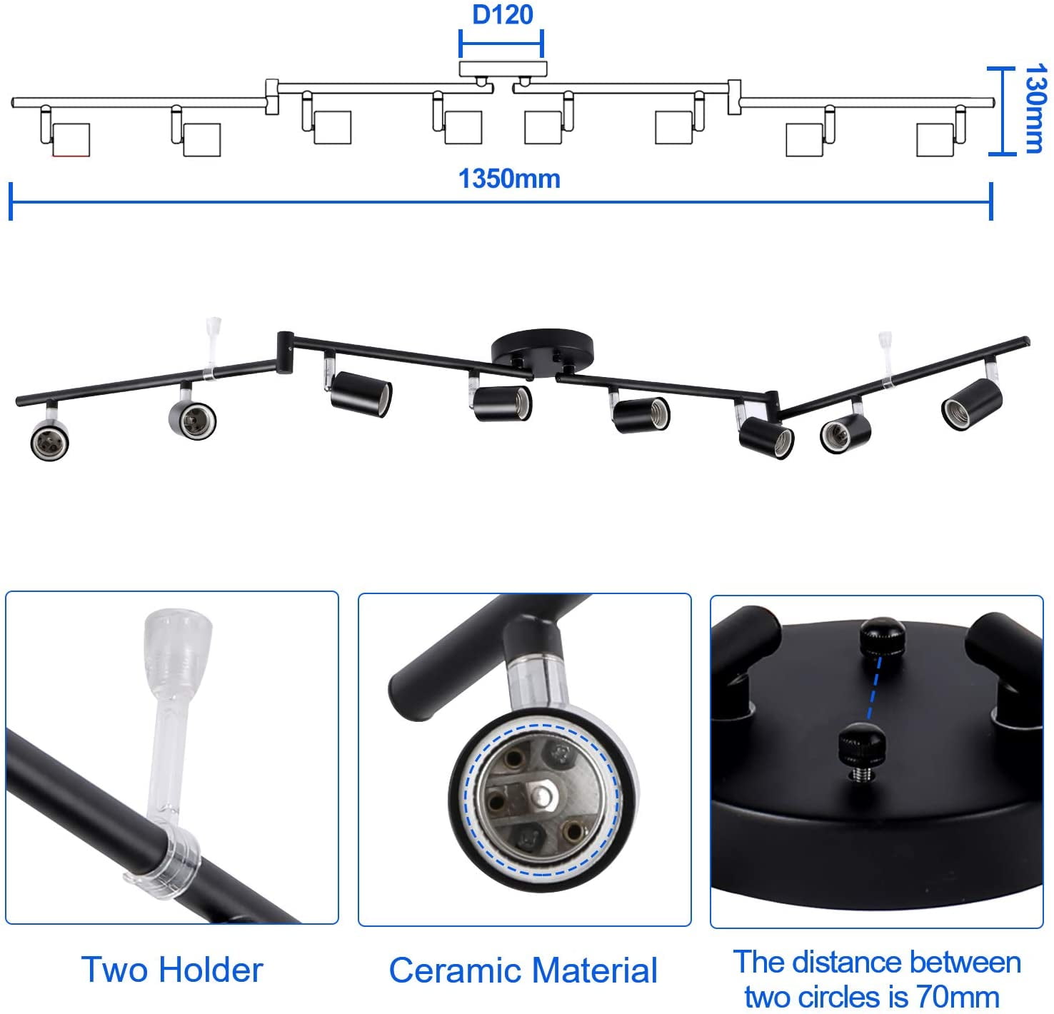 Laboreducer 8 Heads Foldable Track Lighting Kit, Flex Track Ceiling Light, 270deg rotatable DIY Wall Light E26 Socket, Bulbs not Included(Black)