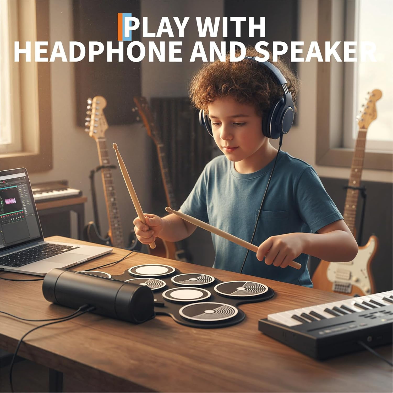 7-Pad Electronic Drum Set with Headphone Jack, Built-In Speaker, Drumsticks & Pedals, Portable Electric Drum Kit for Beginners