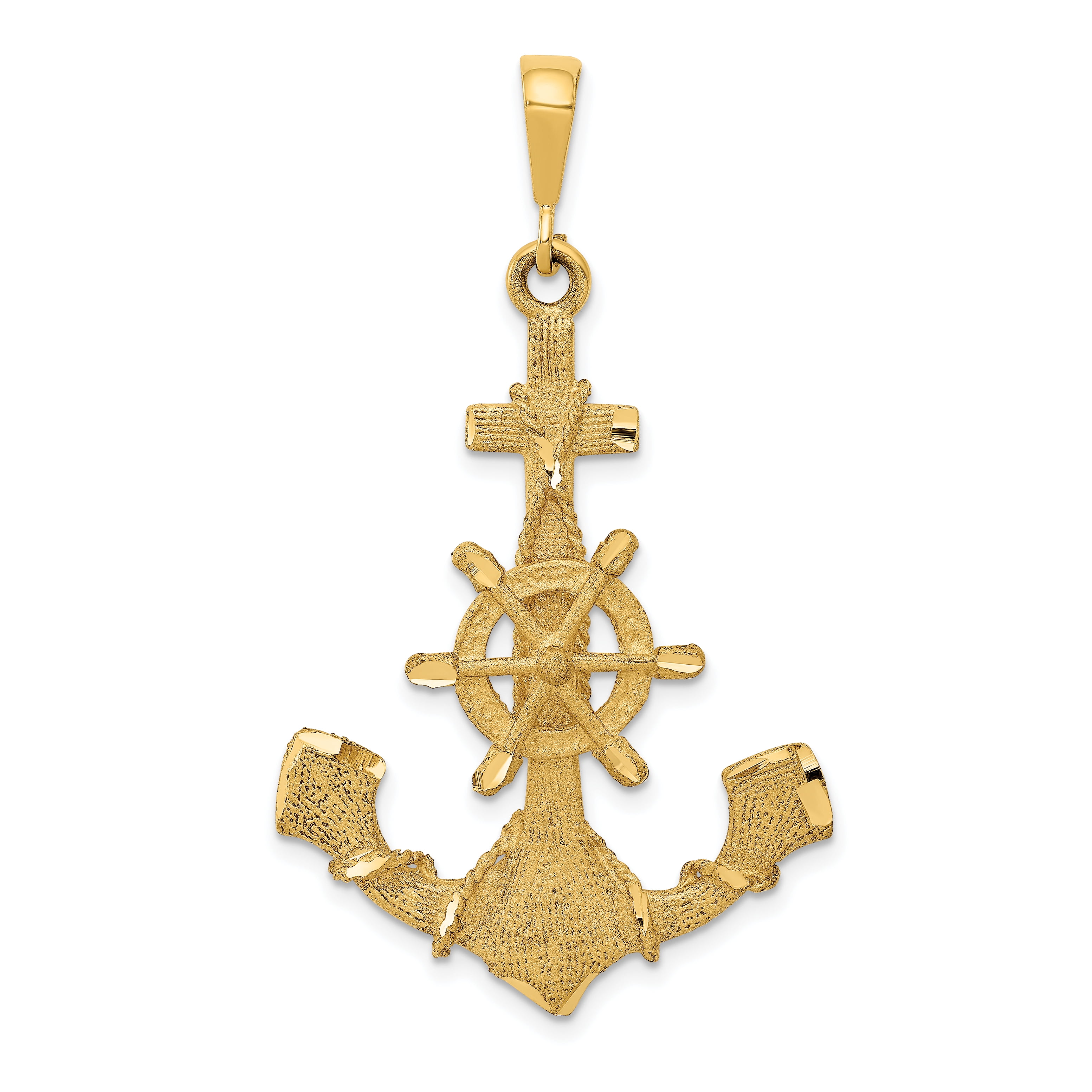 14k Yellow Gold Large Nautical Anchor Ship Wheel Mariners Pendant Charm