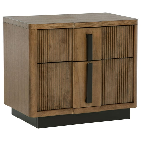 Reon Nightstand, 2 Drawers, Decorative Reeded Ash Brown Black Wood