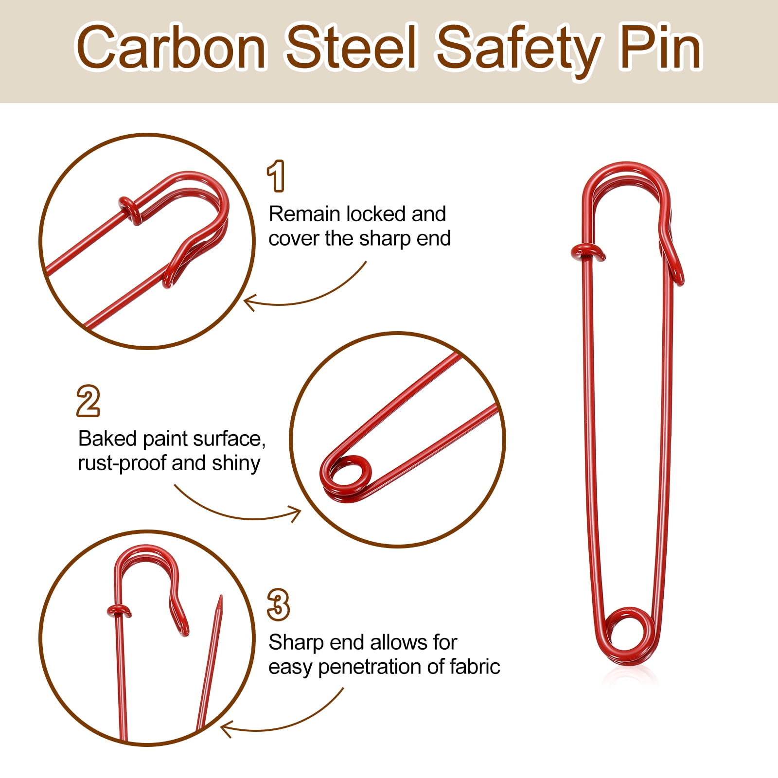 Uxcell 30pcs Safety Pins 100mm Baked Paint Large Safety Pin for Clothes, Red