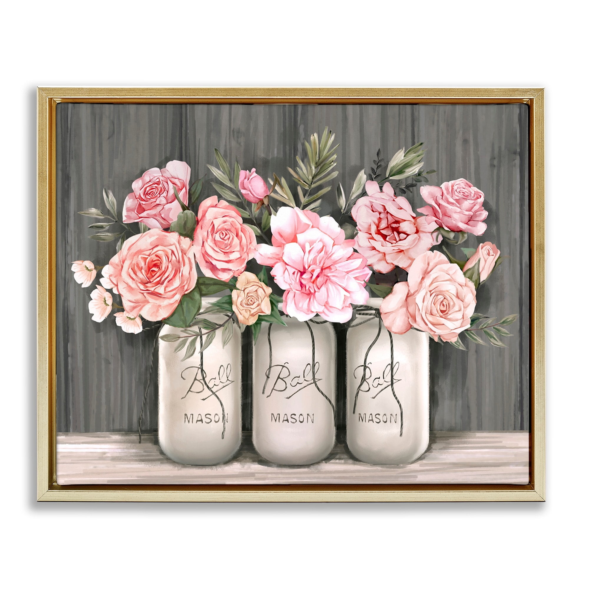 Stupell Industries Blossoming Pink Rose Bouquets Rustic Country Jars Metallic Gold Framed Floating Canvas Wall Art, 16x20, by Ziwei Li