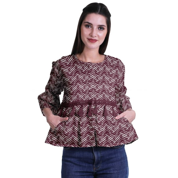 Moomaya Round Neck Women Bell Sleeve Shirt Printed Cotton Crop Tops Casual Top