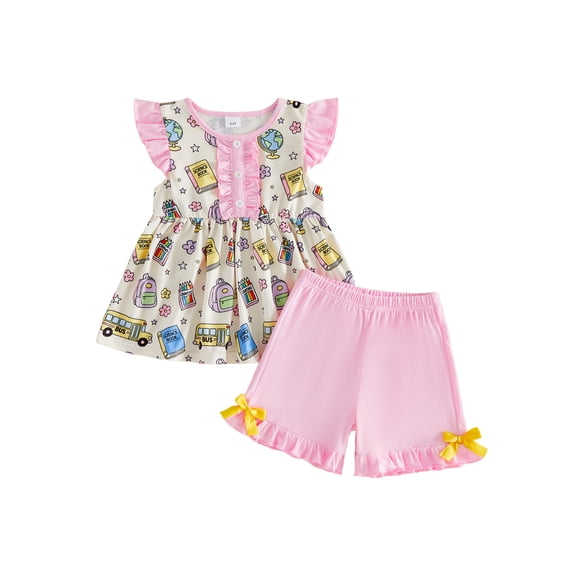 RUINIXCW Kids Toddler Baby Girl Back to School Outfit Kids Summer Kindergarten Outfits Little Girls First Day of School Outfit Pencil Apple Flying Sleeve Babydoll Shirt Tops and Bow Ruffle Shorts Set