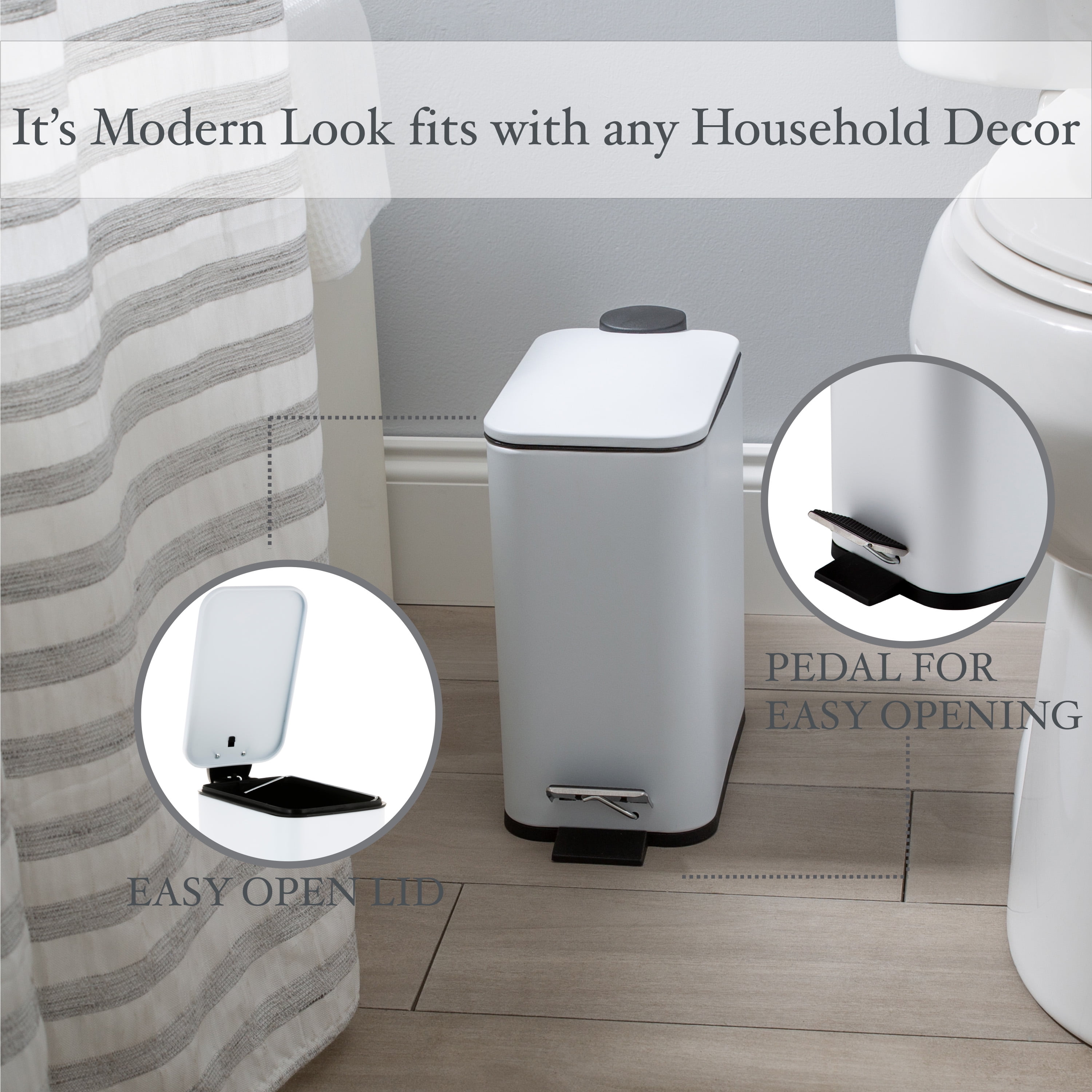 Bath Bliss Slim 1.3 gal Iron Step Pedal Bathroom Wastebasket with Soft Close Lid, White