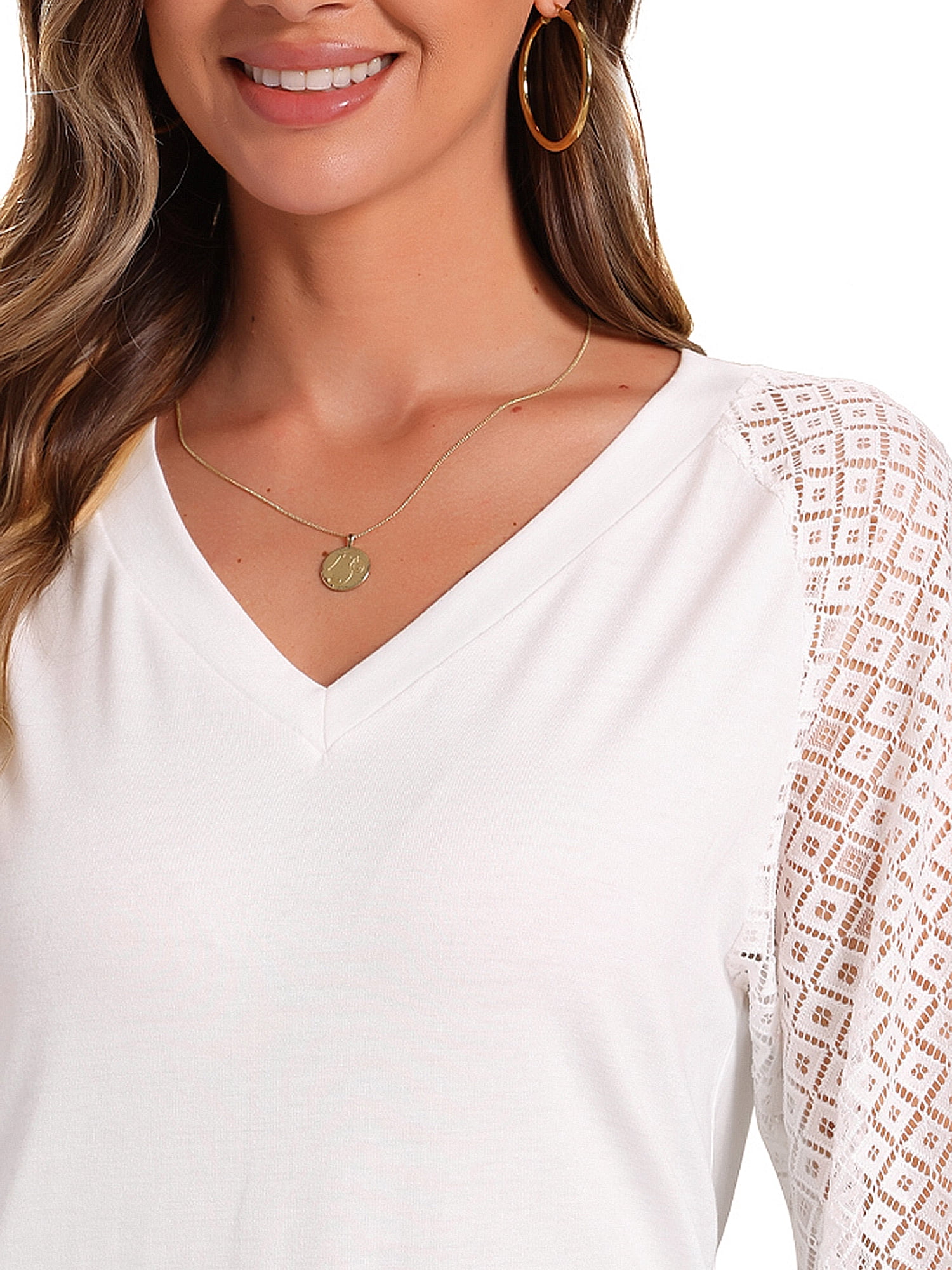 DARING DIVA Women's Lace Sleeve Work Office V Neck Tops S White