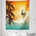 thumbnail image 1 of Grunge Tapestry, Illustration of Tropical Island Surfer on Sea Waves and Palms at Sunset, Fabric Wall Hanging Decor for Bedroom Living Room Dorm, 5 Sizes, Orange Turquoise Black, by Ambesonne, 1 of 1