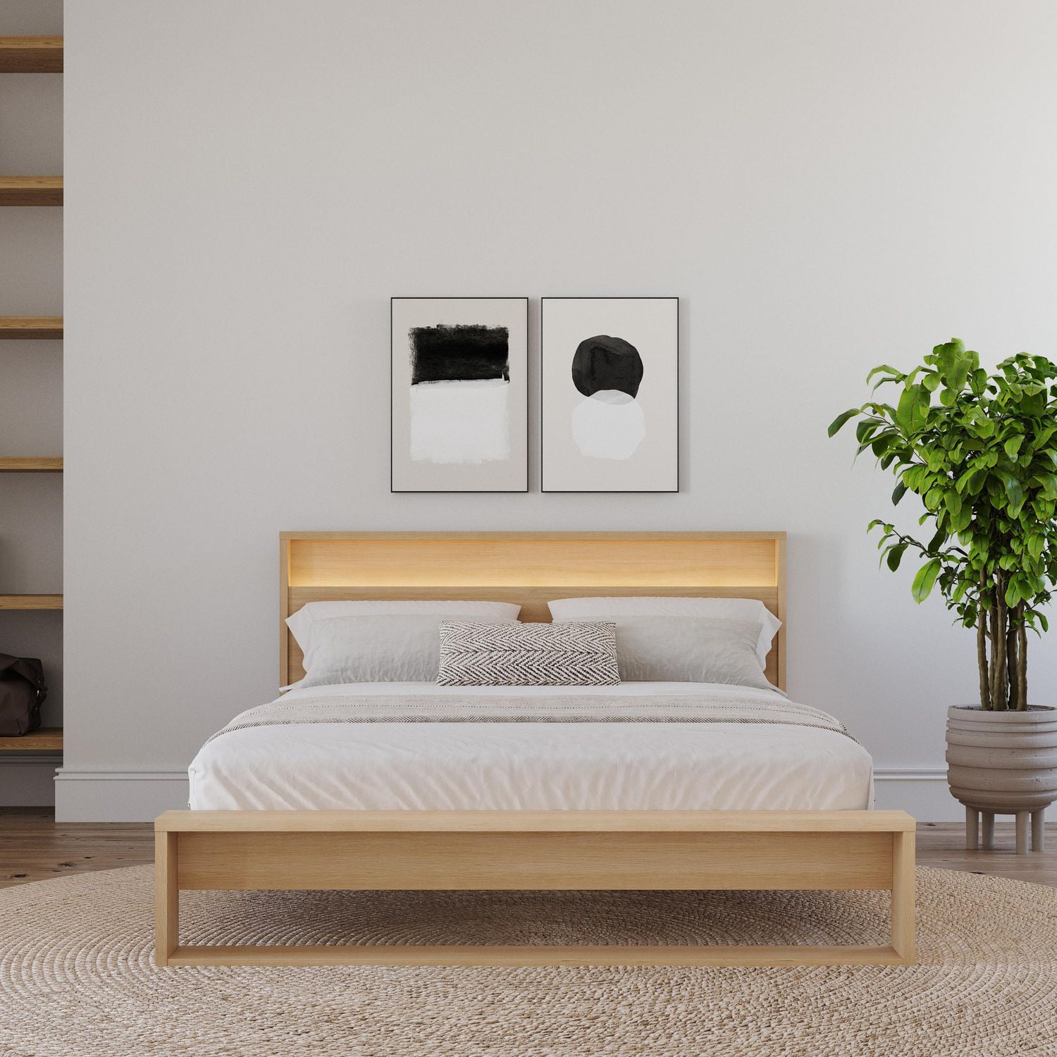 Gael Queen Size Bed Set with Slatted Bedframe and Headboard with Integrated Light