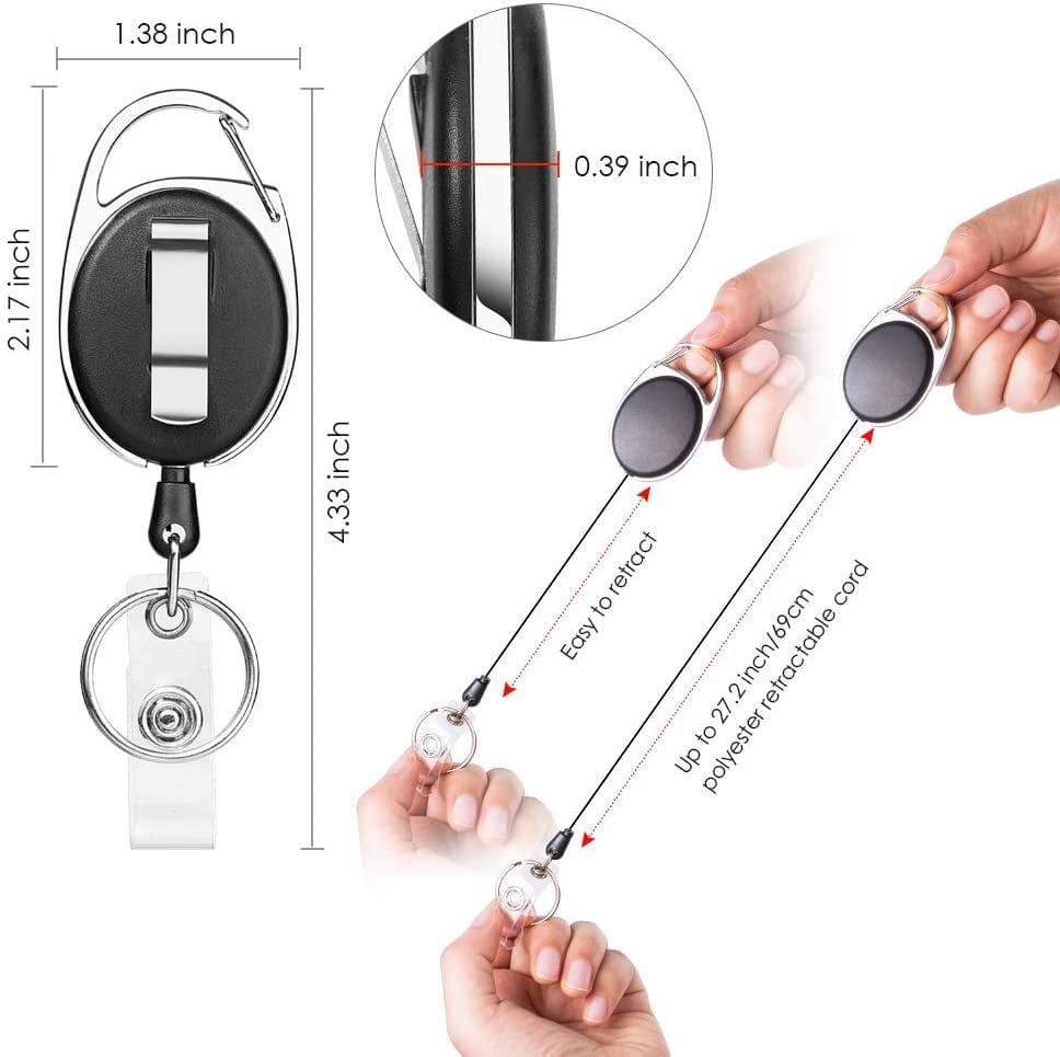 2 Pack ID Badge Holder,Badge Holder Retractable Clip with Carabiner Reel Clip and Key Ring for Men and Women