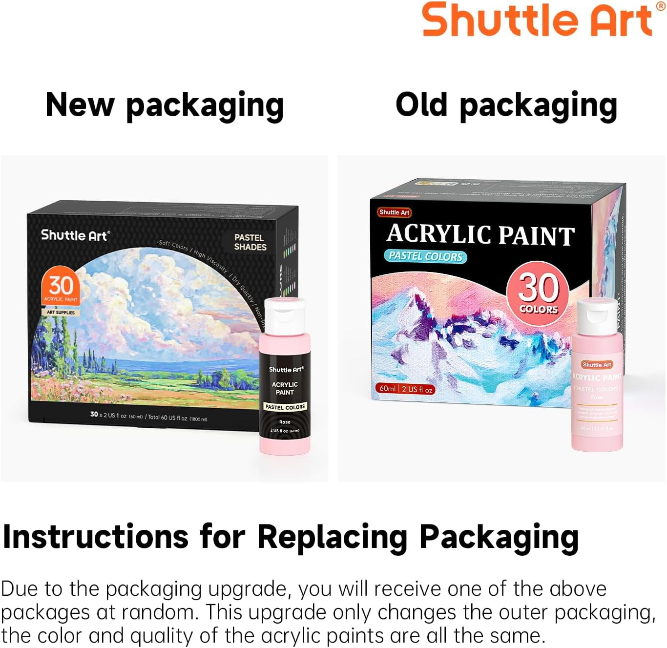 Shuttle Art 40 Pack Pastel Acrylic Paint Set, 30 Colors, 60ml/2oz Bottles, High Viscosity, Water-proof Paint With 10 Paint Brushes for Painting &Crafting