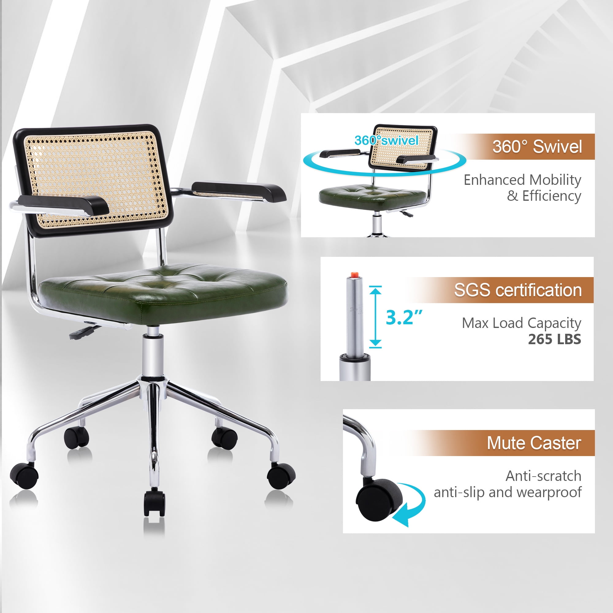 ONEVOG Tufted Leather Desk Chair, Swivel Home Office Chair with Rattan Back, Upholstered Vanity Chair with Arm, Adjustable Height Computer Task Chair, Green