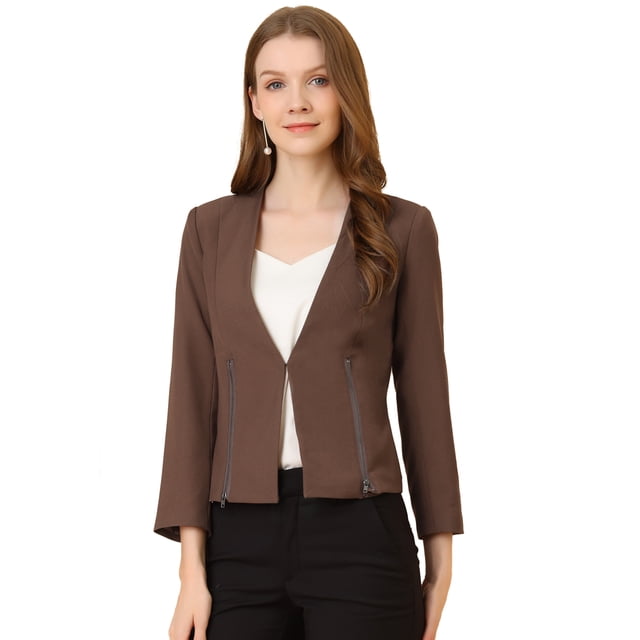 Oficina de trabajo mujer Allegra K sin cuello cremallera abrigo corto traje chaqueta Café S