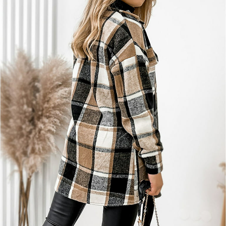 SMIDOW Women's Flannel Plaid Shacket Jacket Fashion Lattice Lapel Button  Casual Overcoat Fall Thin Woolen Coat Outerwear
