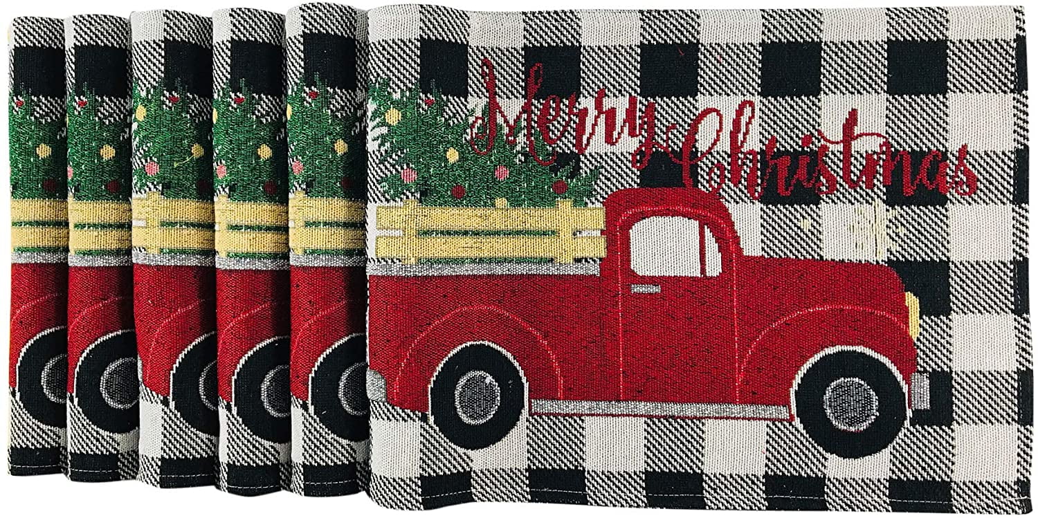 Merry Christmas Country Holiday Truck and Tree Placemats, Set of Six (6) Colorful Tapestry Weave